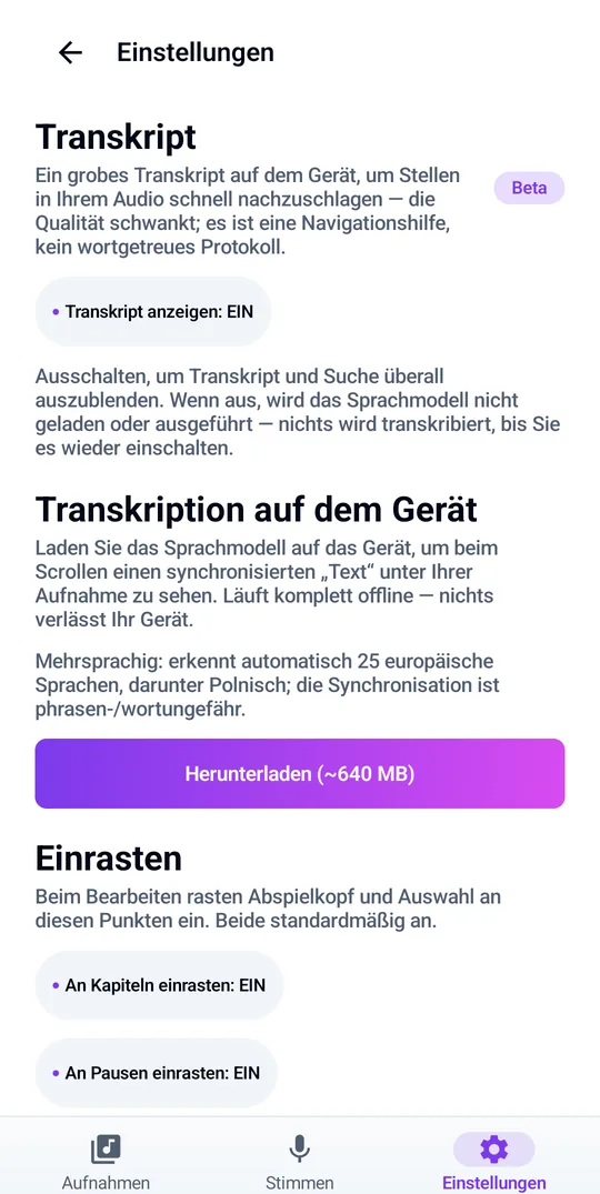 Transkription auf dem Gerät in 25 Sprachen, komplett offline