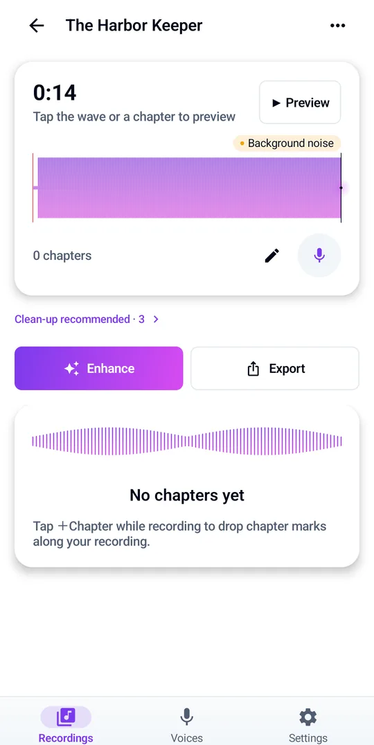 Your recording, chapters, and cleanup hints in one place