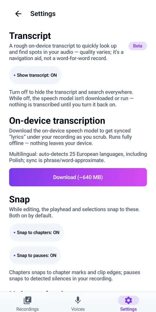 On-device transcription in 25 languages, fully offline