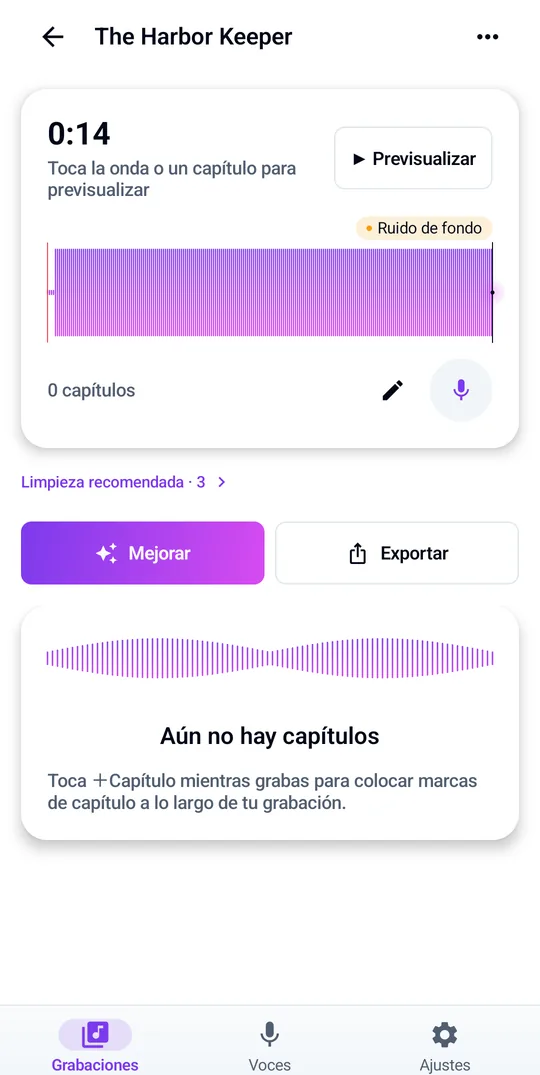 Tu grabación, capítulos y sugerencias de limpieza en un solo lugar