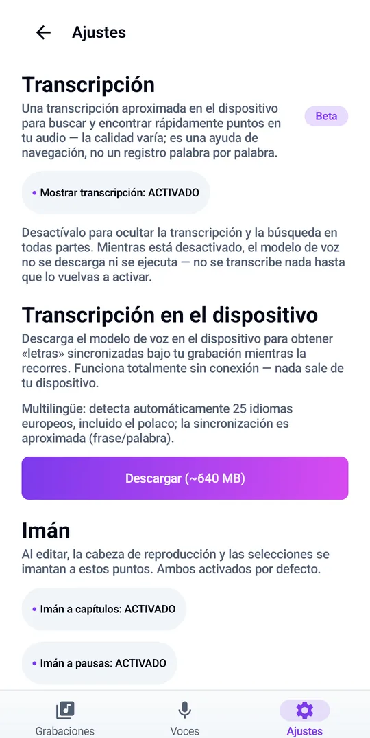 Transcripción en el dispositivo en 25 idiomas, totalmente offline