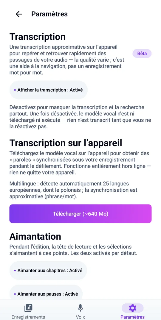Transcription sur l'appareil en 25 langues, entièrement hors ligne