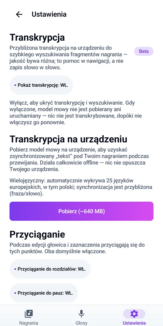 Transkrypcja na urządzeniu w 25 językach, w pełni offline