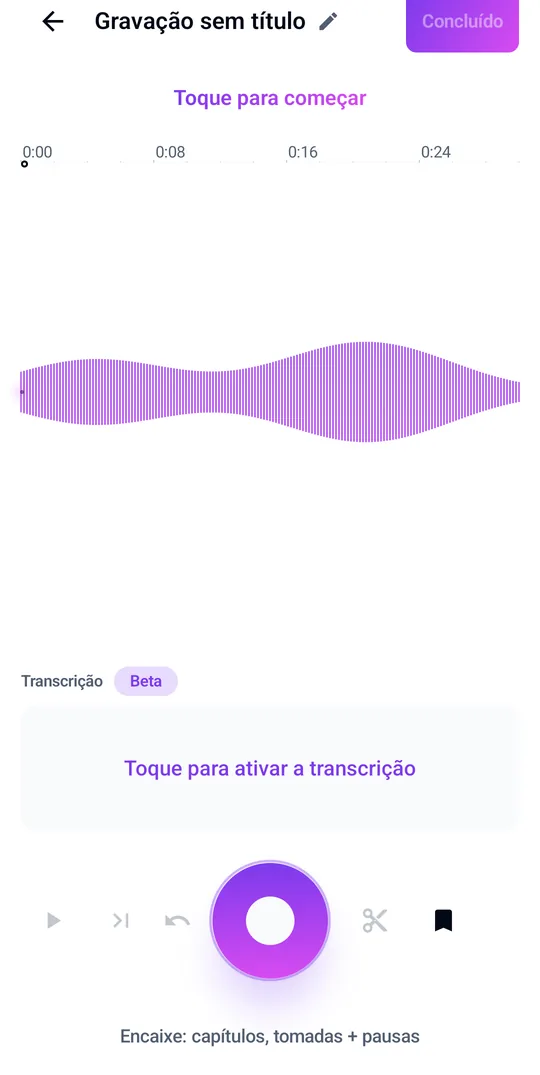 Edite na forma de onda com takes, cortes e marcas de capítulo
